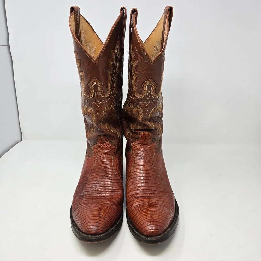 Mens Brown Lizard Skin Western Cowboy Boots Pointed Toe Stitched Leather 8.5D - Picture 4 of 14
